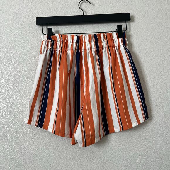 SHEIN mixed vertical stripe paper bag shorts orange navy blue white - Picture 3 of 5